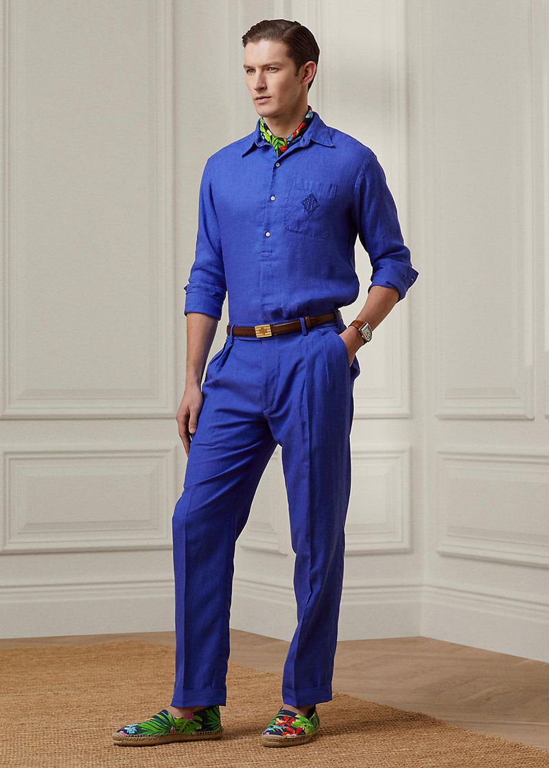 Pantalones Purple Label Hombre Gregory Pleated Silk-Linen Suit Chile Azules ZTELA-8247